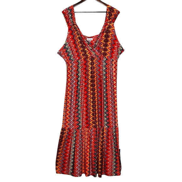 Avenue Sleeveless Maxi Dress Coral Chevron Pattern Slits V-Neck Women Size 30/32 - Picture 1 of 12